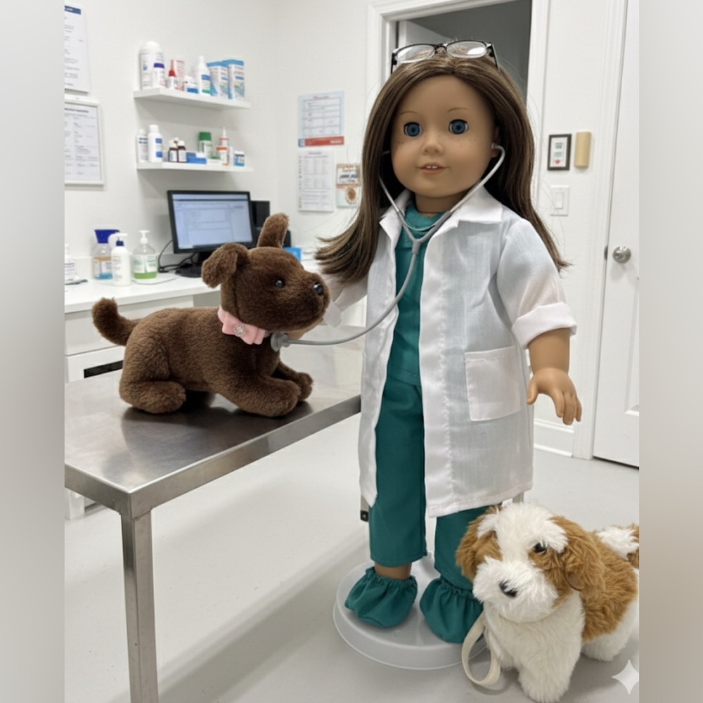 American Girl Veterinarian with 2 American girl dogs